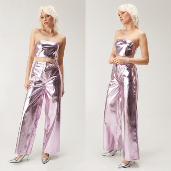 NWT Nasty Gal Metallic Faux Leather Wide Leg Trouser Women's Size 14 Pink Shiny - Picture 1 of 9